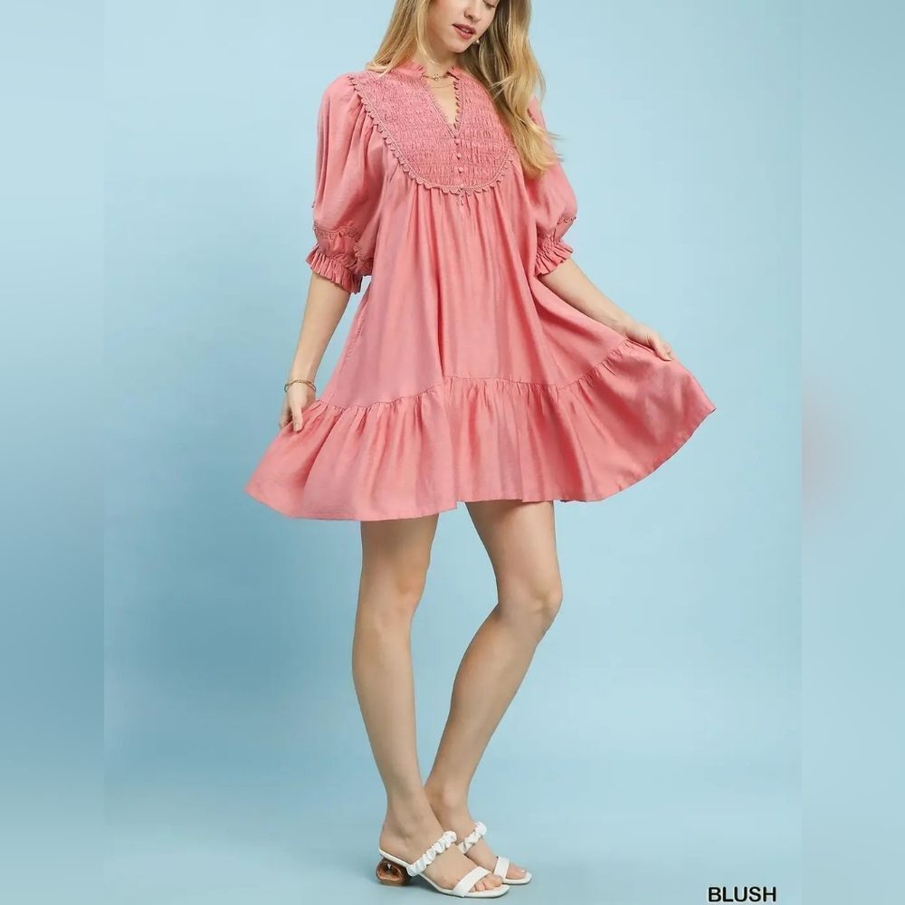 Umgee Flowy Boho Smocked Bib Ruffle Hem Babydoll Blush Pink Women's Dress